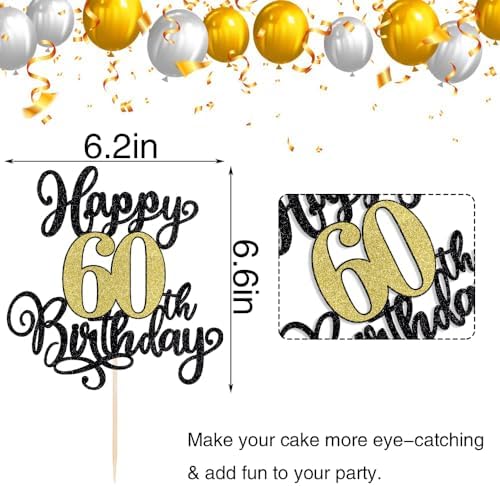 PALASASA Black Gold Happy 60th Birthday Cake Topper- Glitter Cheers to 60 Years Birthday Cake Pick 60 Fabulous Cake Decoration, 60th Birthday/Anniversary Party Cake Decoration