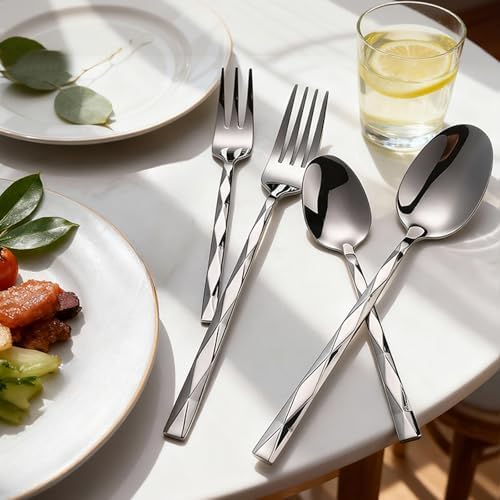 12-Piece Stainless Steel Spoon and Fork Set for Everyday Home Use, Diamond Cut Mirror Polished Heavy Duty Dinnerware, 6x8" Large Forks & Spoons, Dishwasher Safe Flatware Set for Kitchen Restaurant