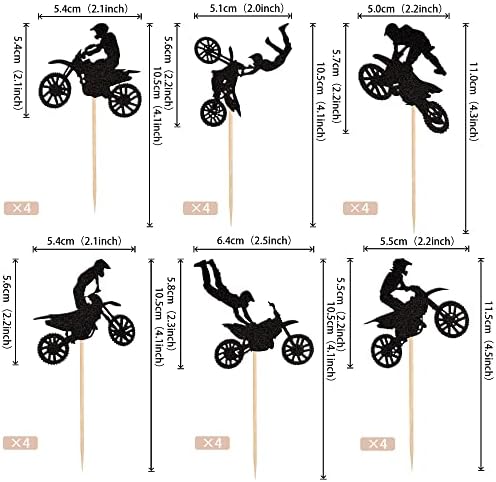 24 PCS Motorcycle Cupcake Toppers Black Glitter Motocross Dirt Bike Party Cupcake Picks for Sports Motocross Theme Man Boy Birthday Party Cake Decorations Supplies