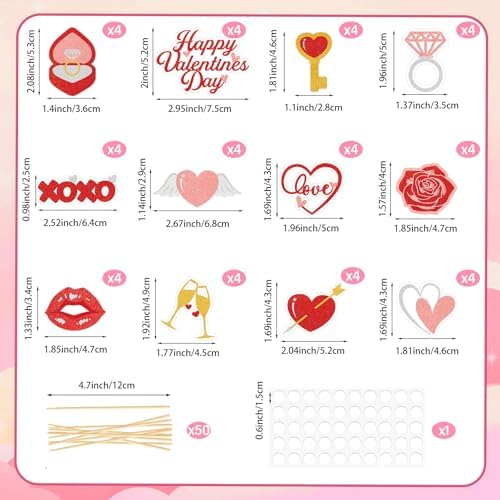 48 Pcs Happy Valentine's Day Cupcake Toppers Glitter Valentines Cupcake Toppers Heart Valentines Birthday Party Decorations Picks for Wedding Anniversary Baby Shower Party Supplies