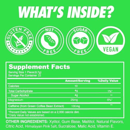 Instant Energy Gum | 100 mg Natural Caffeine | Sugar Free Sour Apple Xylitol Gum with Electrolytes | Fast-Acting Caffeine Gum & Clean Energy Drink Alternative for Focus, Workouts & Studying | 15 Piece Pack