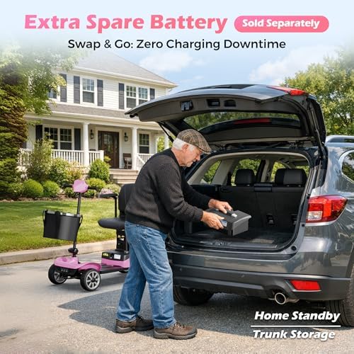 4-Wheel Mobility Scooter for Adults – Foldable Portable Motorized Scooters with 330lbs Capacity, Detachable Battery, Dual Baskets, Cup & Phone Holder, Pink
