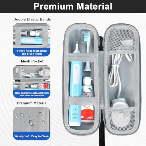 Travel Case for Oral-B/Oral-B Pro/Phlips Sonicare Electric Toothbrush with 2pcs Toothbrush Heads Cover Cap, Portable Hard Protective Storage Bag with Accessories Storage (Black)