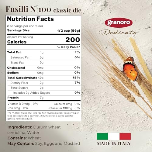 Granoro Dedicato Fusilli #100 - Authentic Italian Pasta, Made from 100% Puglia Durum Wheat Semolina, Non-GMO, Vegan, 1 lb Bags (Pack of 2)