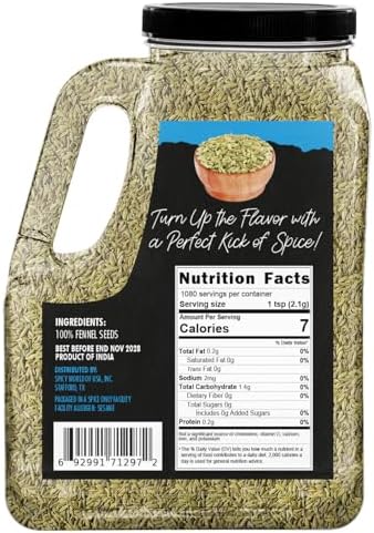Spicy World Fennel Seeds 5 LB Bulk Jar - Whole Sweet Fennel - Great for Cooking, Tea, Mouth Fresheners, or Make Fresh Powder - Premium Quality, All Natural
