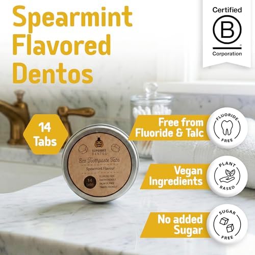 SuperBee Dentos Toothpaste Tablets, 14 Tabs, Fluoride Free & Eco Friendly, Travel Mouthwash Tablets, Sensitive Bites Kids Adults, Chewable Tablet, Spearmint