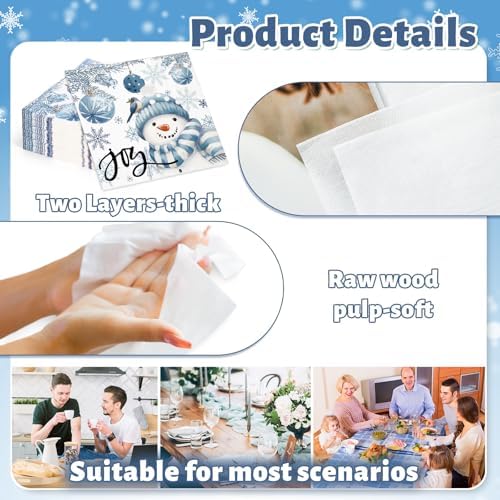 JarThenaAMCS 100Pcs Christmas Paper Napkin Blue Snowman Xmas Ball Luncheon Napkins Dinner Hand Napkins for Winter Home Party Supplies Table Decor