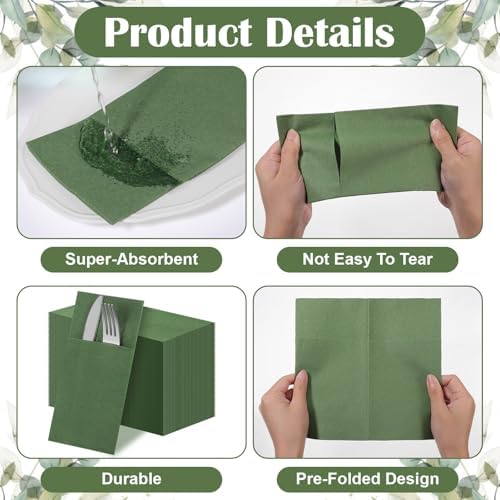 COMNICO 60 Pcs Green Napkins Disposable Linen-Feel Paper Napkins Bulk Pocket Linen Napkin Prefolded Cloth Hand Towel for Party Decoration Wedding Birthday Bridal Party