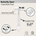 WEISHI Butterfly Open Double Edge Safety Razor for Men, Chrome Short Handle with 5 Stainless Razor Blades Included, Reusable Wet Shave Tool for Smooth, Close Shave