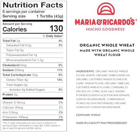 Maria & Ricardo's Organic Whole Wheat Tortillas. (3 Pack) USDA Certified Organic, Non GMO PV, Vegan, Kosher. 8 Tortillas per Pack