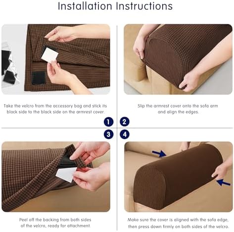 SUBRTEX Stretch Couch Arm Covers Set of 2, Checkered Sofa Arm Slipcovers, Anti-Slip Armrest Covers for Recliner and Armchairs, Pet Proof, High Stretchy, Hook & Loop Tape, Chocolate