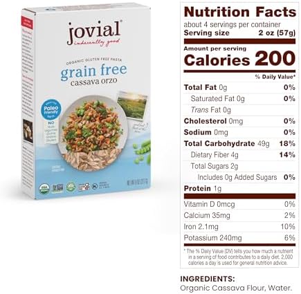 Jovial Grain-Free Cassava Orzo - Gluten Free Orzo Pasta, Cassava Pasta, Paleo Pasta, Grain-Free, 100% Organic Pasta, USDA Certified Organic, Non-GMO, High-Fiber - 8 Oz, 1 Pack
