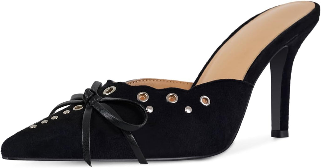 DOEYG Women Pointed Toe Bow Heels Mules Slip on Stiletto Heels Sandals Dress Party Wedding Studded Heels Pumps