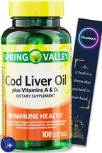 Cod Liver Oil Plus Vitamins A & D3 Immune Health Dietary Supplement Softgels Spring Valley, 100 Count and Bookmark Gift of YOLOMOLO