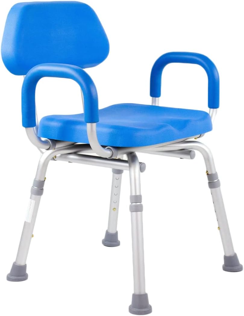 Padded Shower Chair and Bath Chair with Armrests and Back, Comfortable Deluxe Shower Chair for Inside Shower and Bathtub for Elderly and Seniors Safety, Adjustable Height, Institutional Quality, Blue