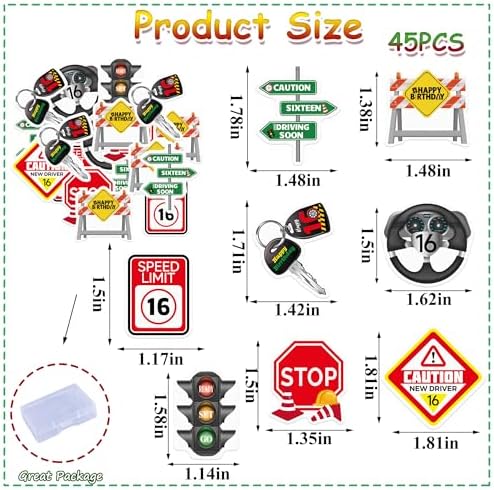 45PCS Edible 16th Drivers License Cupcake Toppers Wafer Paper 16th Happy Birthday Cupcake Picks Road Signs 16 Years Old Cake Decor for Learner Driver Car Theme Party Supplies