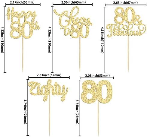 30 Pack Happy 80th Birthday Cupcake Toppers Gold Glitter Eighty Cheers to 80 Years Old Birthday Cupcake Picks for Happy 80th Anniversary Party Cake Decorations