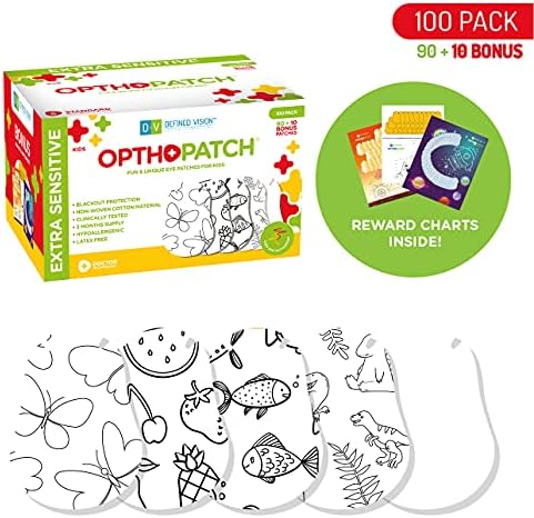 Opthopatch Eye Patches for Kids - Extra Sensitive Adhesive - Color Your Own Patch - 100 Count + 3 Reward Charts