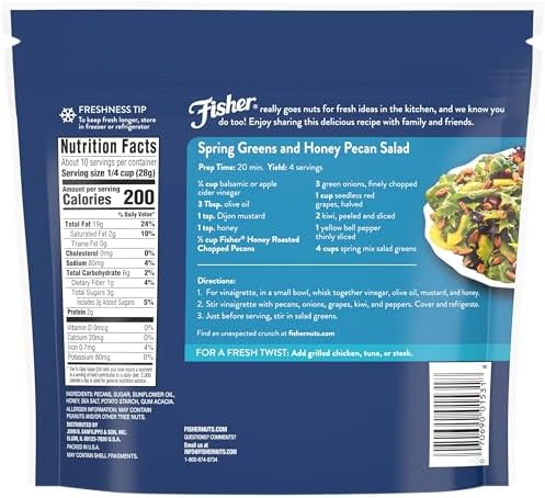 Fisher Chef's Naturals Honey Roasted Chopped Pecans 10oz Resealable Bag, Salted Nuts for Cooking, Baking & Snacking, Vegan Protein, Keto Snack, Gluten Free