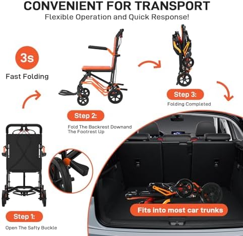 Folding Transport Wheelchair for Adults & Seniors,18 LBS, Travel Portable Wheelchair with Removable Flip Armrests and Swing Footrests, 220 LBS, Locking Handbrake
