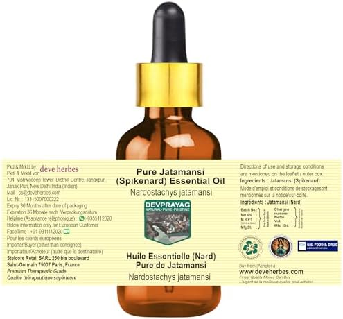 Jatamansi (Spikenard) Essential Oil (Nardostachys jatamansi) with Glass Dropper | Pure | Non-Sticky | Non-Greasy | Lightweight | Men & Women | All Skin Types | Steam Distilled 2ml (0.06 oz)