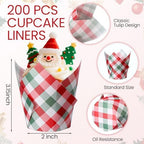 Maxdot 200 Pcs Christmas Plaid Tulip Cupcake Liners for Baking Red & Green Gingham Paper Muffin Baking Cups Checkered Tulip Muffin Liners Wrappers for Xmas Winter Party Kitchen Supplies