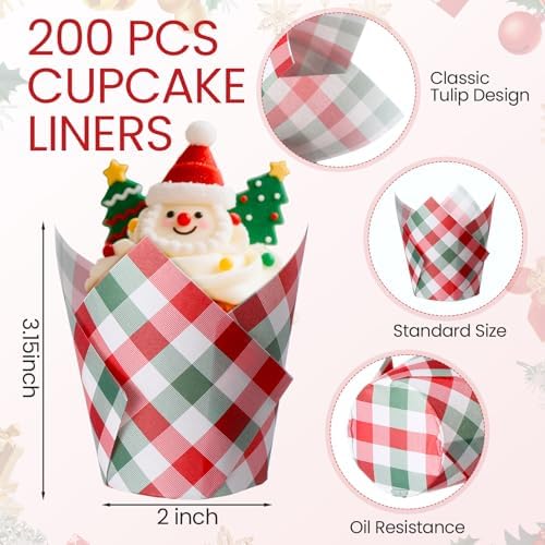 Maxdot 200 Pcs Christmas Plaid Tulip Cupcake Liners for Baking Red & Green Gingham Paper Muffin Baking Cups Checkered Tulip Muffin Liners Wrappers for Xmas Winter Party Kitchen Supplies