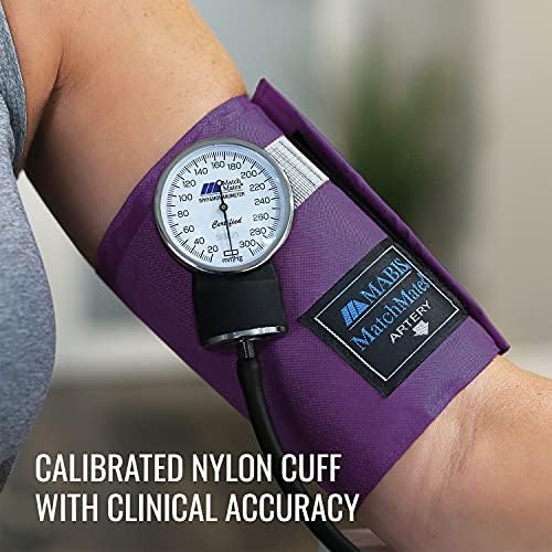 MABIS MatchMates Manual Blood Pressure Monitor Kit Aneroid Sphygmomanometer with Calibrated Nylon Cuff and Oversized Carrying Case, Adult, Purple
