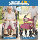 HOMLAND Foldable Walkers for Seniors with Seat, Lightweight 2 in 1 Rollator Walker Wheelchair Combo, 10" All Terrain Transport Chair with Brakes, Adjustable Seat & Handle, 300lb Capacity, Storage Bag