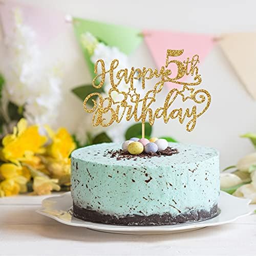 Happy 5th Birthday Cake Topper Children's 5th Birthday Cake Supplies Boy or Girl Five Years Old Bday Party Decorations Gold Glitter