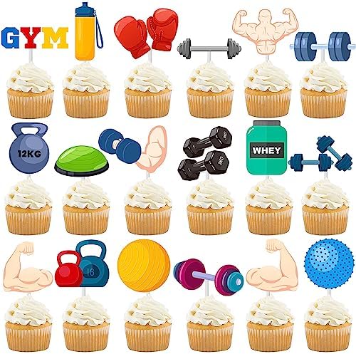 36Pcs Gym Party Cupcake Toppers Gym Workout Cupcake Toppers Sticks Weight Lifting Birthday Party Decorations for Cross Fit Fitness Theme Baby Shower Supplies