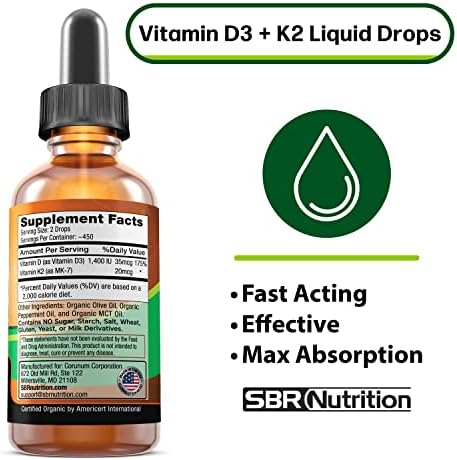 SBR Nutrition MAX Absorption, Vitamin D3 + K2 (MK-7) Liquid Drops with MCT Oil, Peppermint Flavor, Helps Support Strong Bones and Healthy Heart