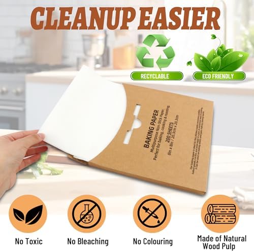 200 Pcs 8x8 Inch Parchment Paper Sheets,Food Grade Precut Baking Paper, Non-Stick & Greaseproof Square Pan Liners for Cake Pan, Air Fryer, Baking - White