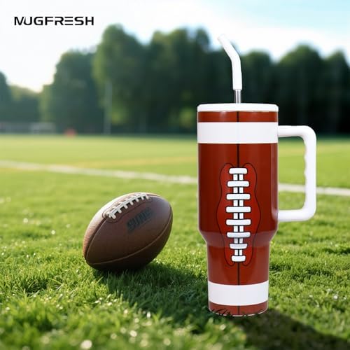 Football Tumbler 40 oz with Handle and Straw, Football Gifts for Sports Lovers Cup Holder Friendly Insulated Travel Mug Stainless Steel Water Bottle