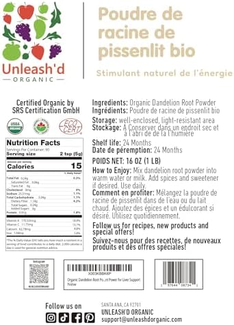 Unleash’d Organic Dandelion Root Powder 16oz – Organic, Vegan, for Tea & Drinks, Supports Detox & Digestive Health