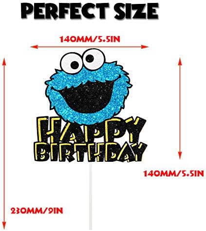 Cookie Monster Happy Birthday Cake Topper - Blue Glitter Happy Birthday - Birthday Party Cartoon Decorations Supplies - Cake Decoration for Girls or Boys