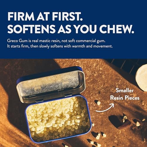 Greco Gum - Mastic Gum Droplets – Small Pieces Hard Chewing Gum for Jawline Training, Digestive Support, Bloating Relief – Piney Flavor, Chios Mastiha – Plastic-Free, Sugar-Free – 1 Tin (1.59 oz)