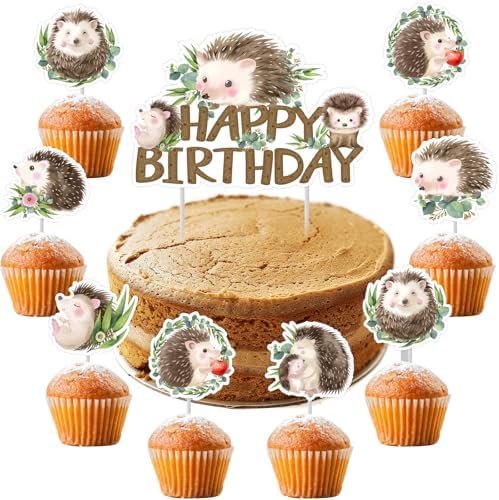 Hedgehog Birthday Party Decoration, Hedgehog Happy Birthday Cake Topper Brown Decorative Theme Cupcake Toppers for Woodland Animal Theme Baby Shower Birthday Party Supplies