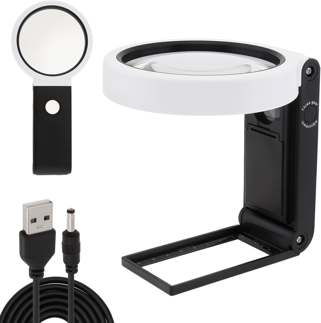 5X 25X Magnifying Glass, Folding Stand & Ruler Design & 8 LED Illuminated Magnifier Handheld Large Magnifying Glasses for Seniors Reading, Coins, Stamps, Map, Inspection, Powered by Battery