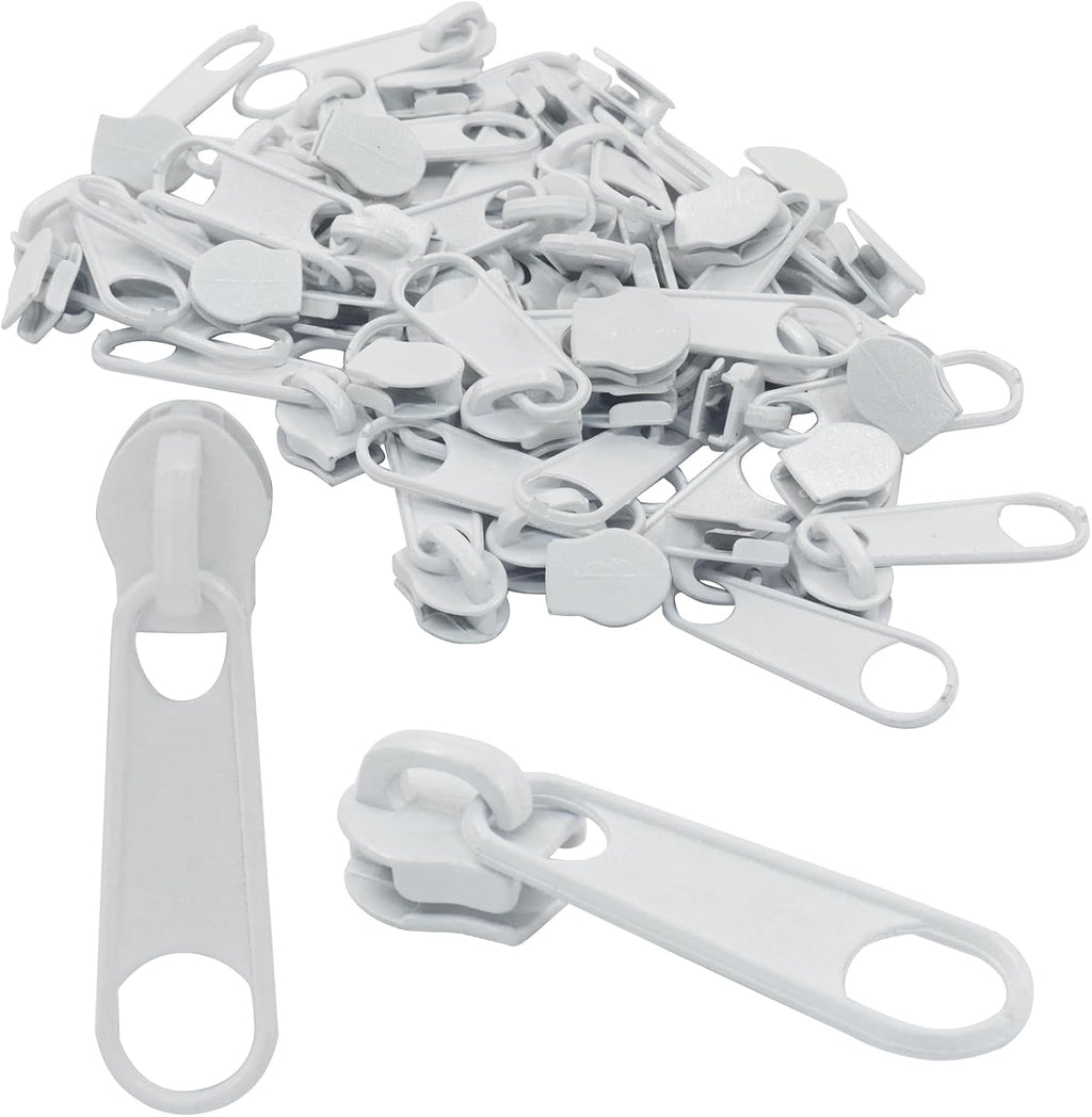 Piutouyar 200 Pack #3 Zipper Sliders Replacement, White Zipper Pulls Bulk for Nylon Coil Zippers Repair Kits for Luggages Jacket Purses Bags