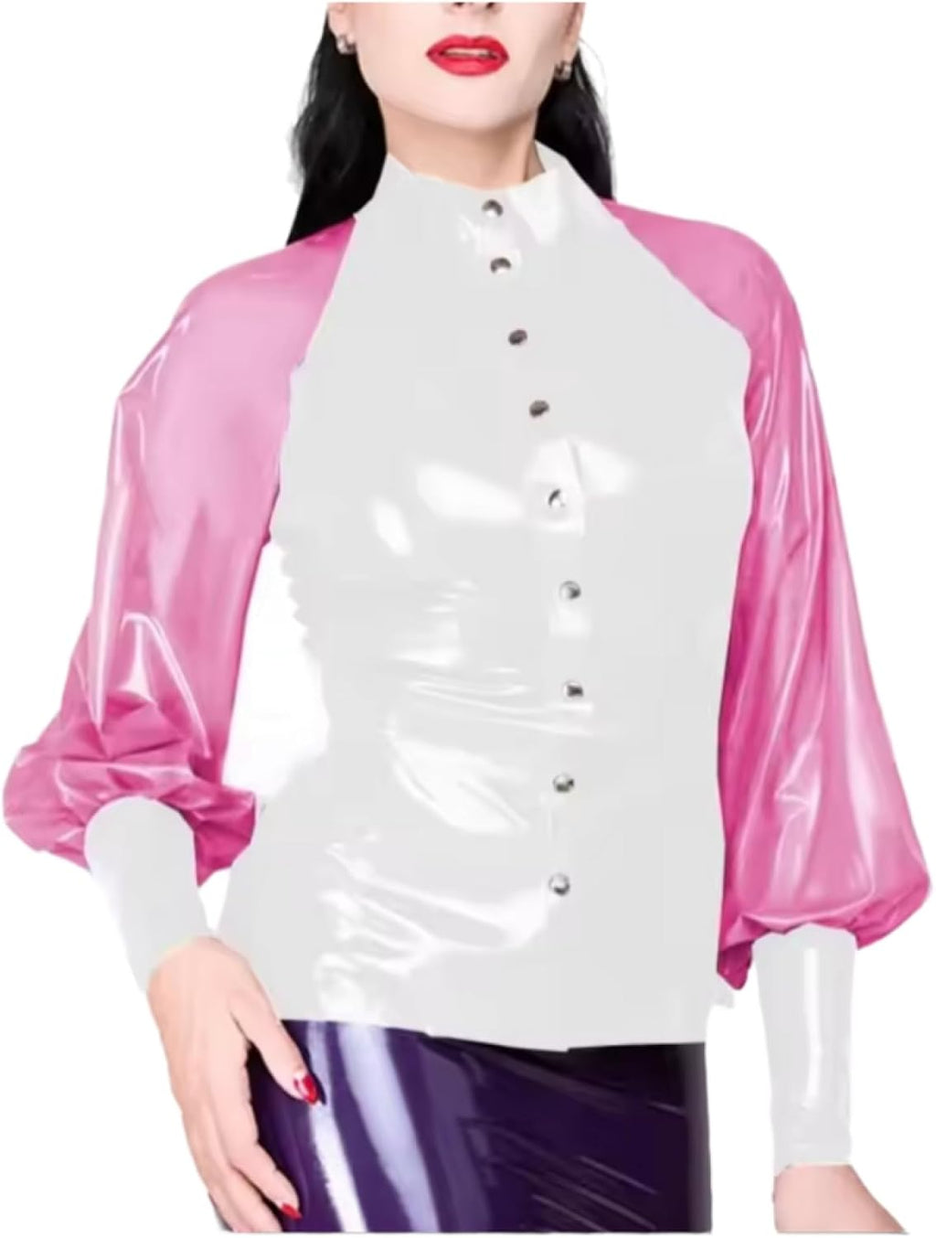 Latex Slim Fit Women Shirts Sleeve Button Blouses Latex Look Top High Street Club Lady Wear