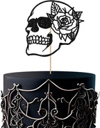 Skull Silhouette Cake Topper, Gothic Rose Skull Cake Decor, Black Glitter Skeleton Skull Cake Topper for Wedding, Gothic Theme Bridal Shower/Birthday Party Decoration