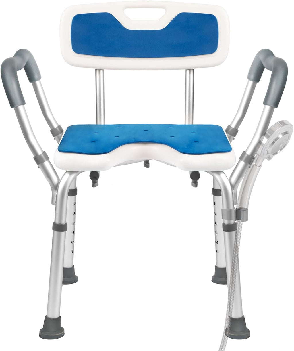 Extra Wide Shower Chair,M-Shaped & Padded Armrests Shower Chair Bath Seat,Shower Chair with Arms and Back Heavy Duty 500lbs,Bariatric Shower Chair with Cutout Seat &Cold-Proof Pads,Tools-Free