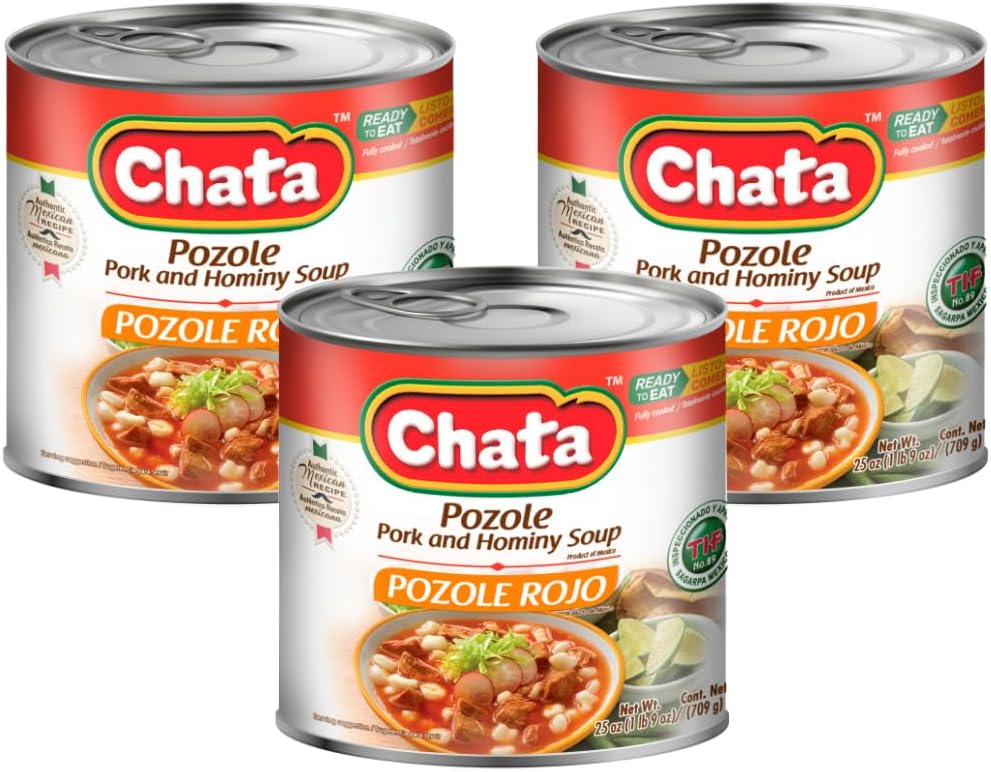 Chata Mexican Pozole Soup with Pork and Hominy Corn, Ready to Heat & Serve, 25 oz (Pack of 3)