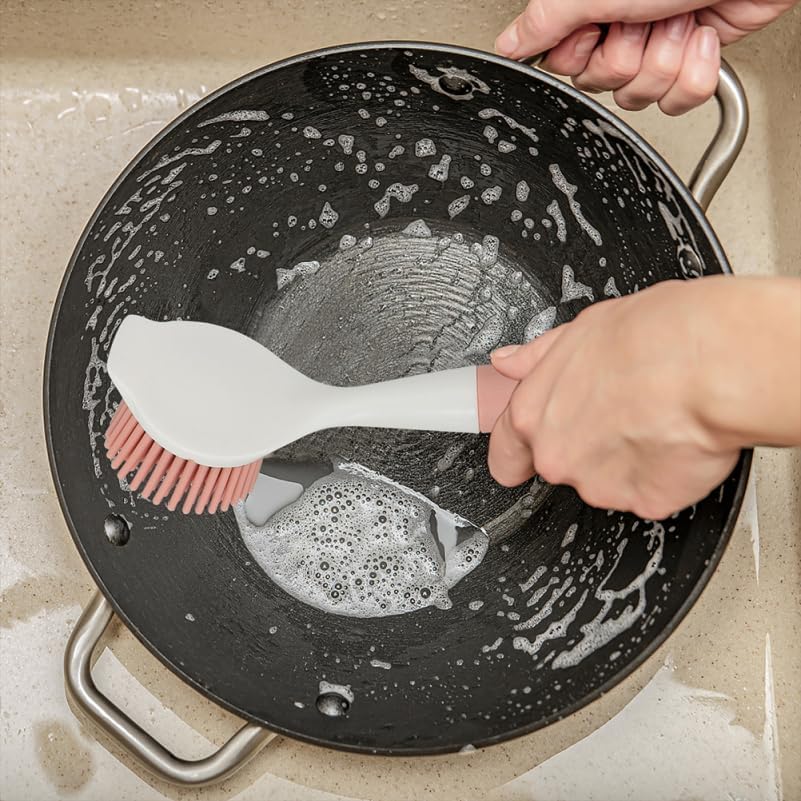 2 PCS Silicone Dishwashing Brush, Non-Stick Pot Scrubber with Long Handle, Durable Scrub Brushes for Cleaning Dishes, Cast Iron Pans, Sinks and Kitchen Cookware, Heat Resistant Cleaning Tool