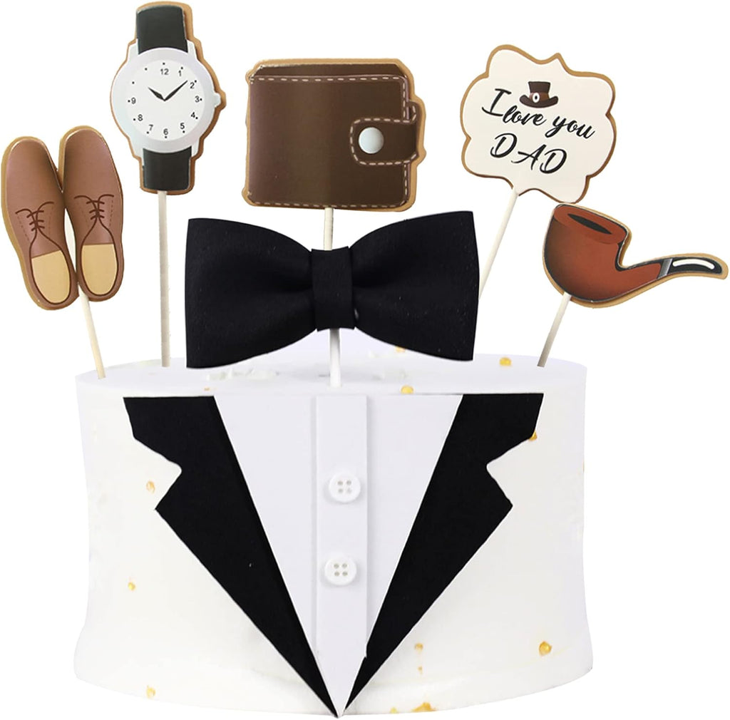 Happy Birthday Cake Toppers for Dad, Father's Day Decorations, Black Bow Tie/Watch/Shoes/Pipe/Wallet/I Love You Cupcake Toppers for Birthday Party Supplies
