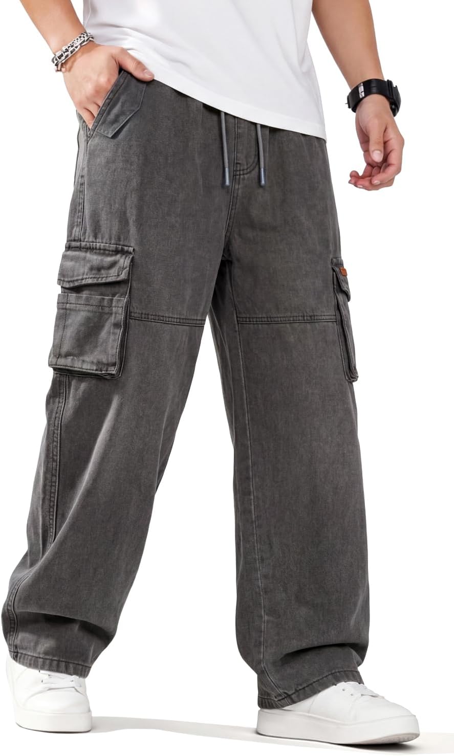 Heyfanee Mens Baggy Cargo Jeans Wide Leg Y2K Elastic Waist Denim Pants for Men with Drawstring Streetwear
