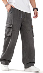 Heyfanee Mens Baggy Cargo Jeans Wide Leg Y2K Elastic Waist Denim Pants for Men with Drawstring Streetwear