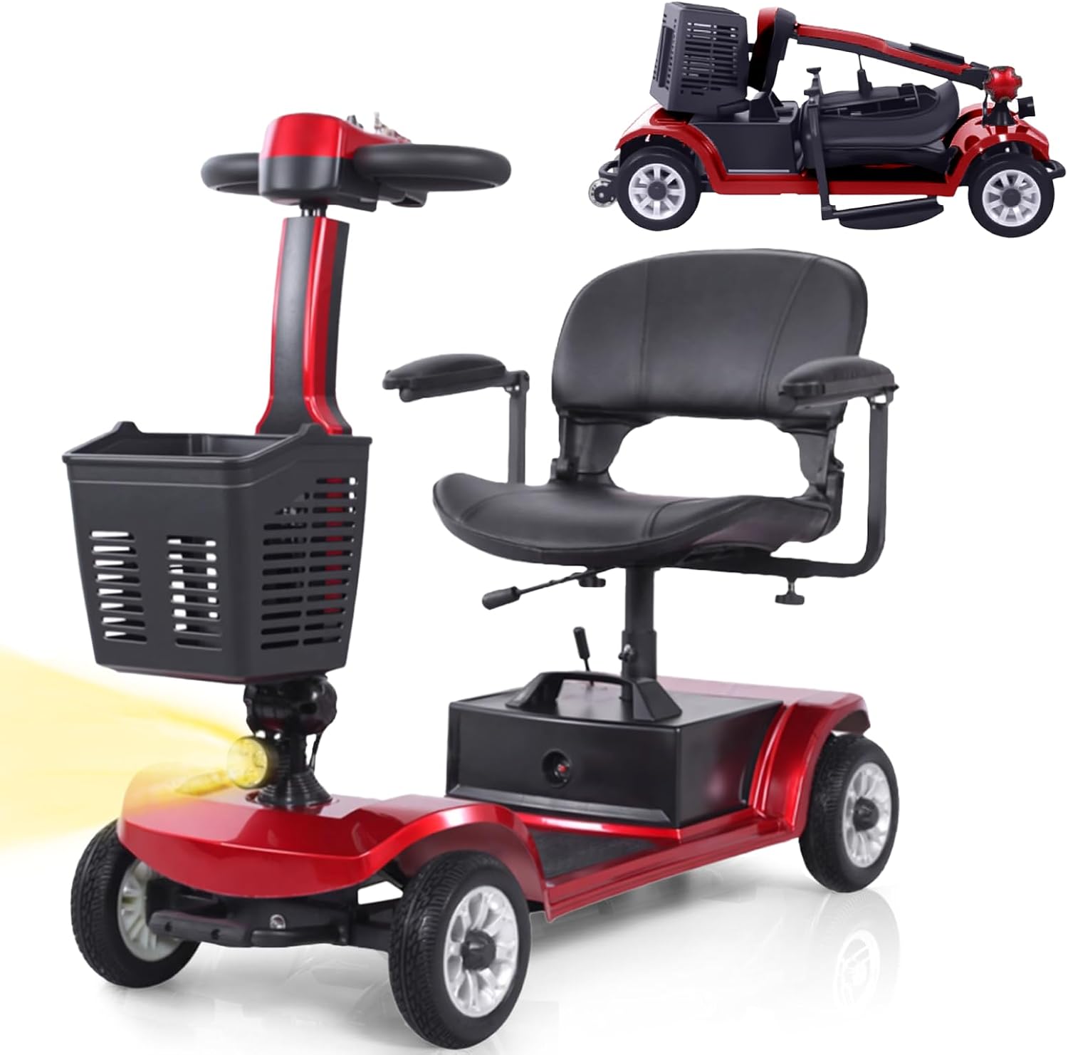 Electric Mobility Scooter for Adults & Seniors, 4-Wheel Foldable Mobility Scooter with 12.4-Mile Range, 4.9 MPH Powered Wheelchair, 330 lbs Capacity, LED Headlight & Basket, Red