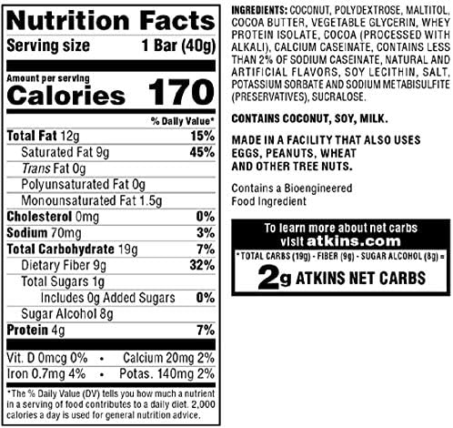 Atkins Endulge Chocolate Coconut Bar, Dessert Favorite, High in Fiber, 1g Sugar, 10 Count